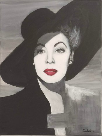 Monochrome schilderij dame met grote hoed met rode lippen mysterieus kunstwerk acryl schilderij