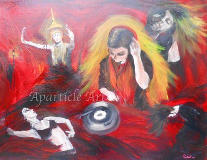 Rood schilderij acryl op doek DJ muziek dansers manora buikdanseres rockstar