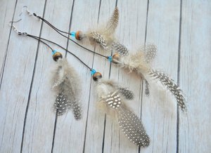 Beautiful Guinea fowl bird feathers boho earrings with blue glass beads